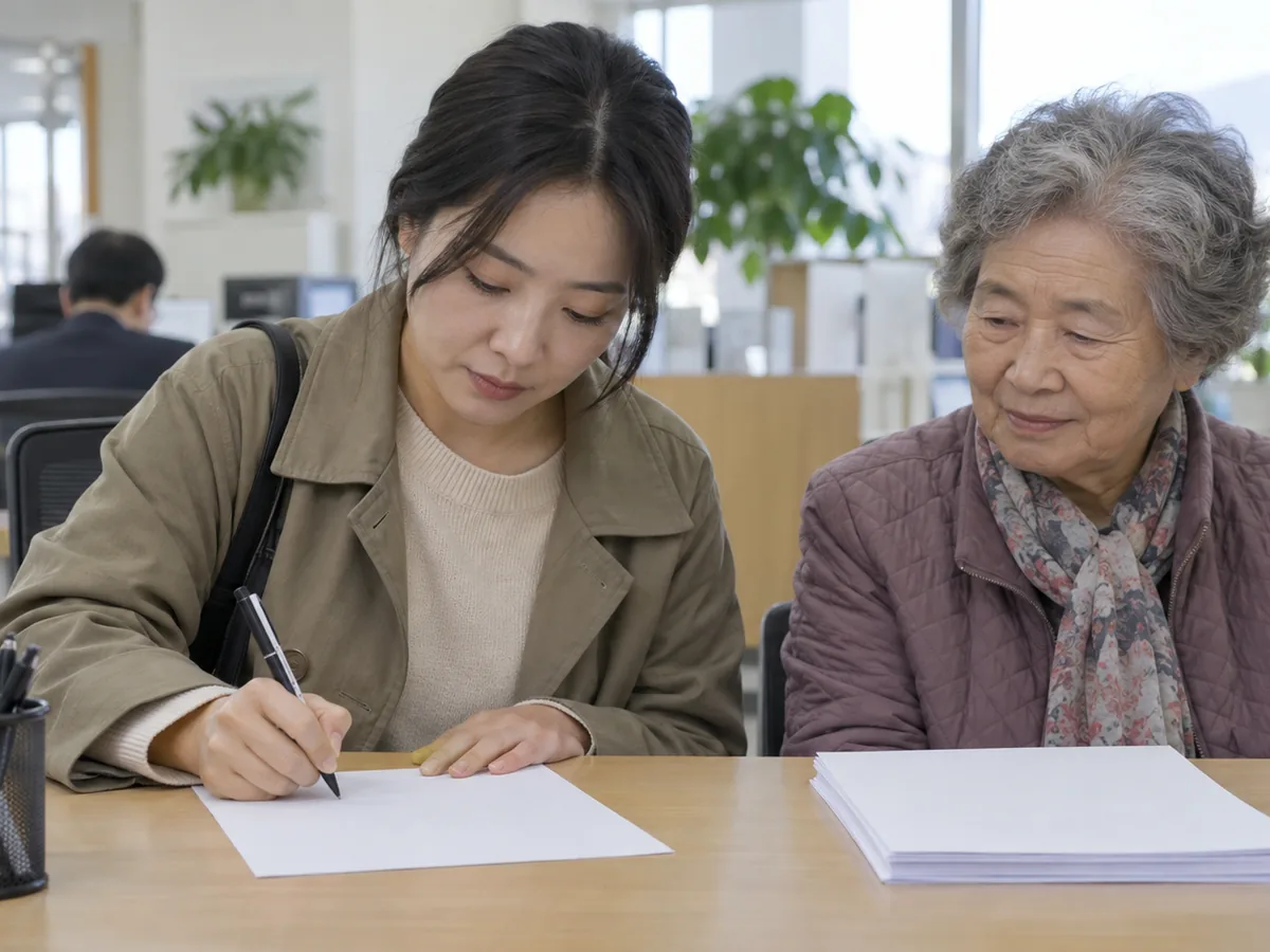 관공서 작성대에서 성인 자녀가 빈 신청서를 쓰고 있고 옆에 나이 든 부모가 앉아 있다