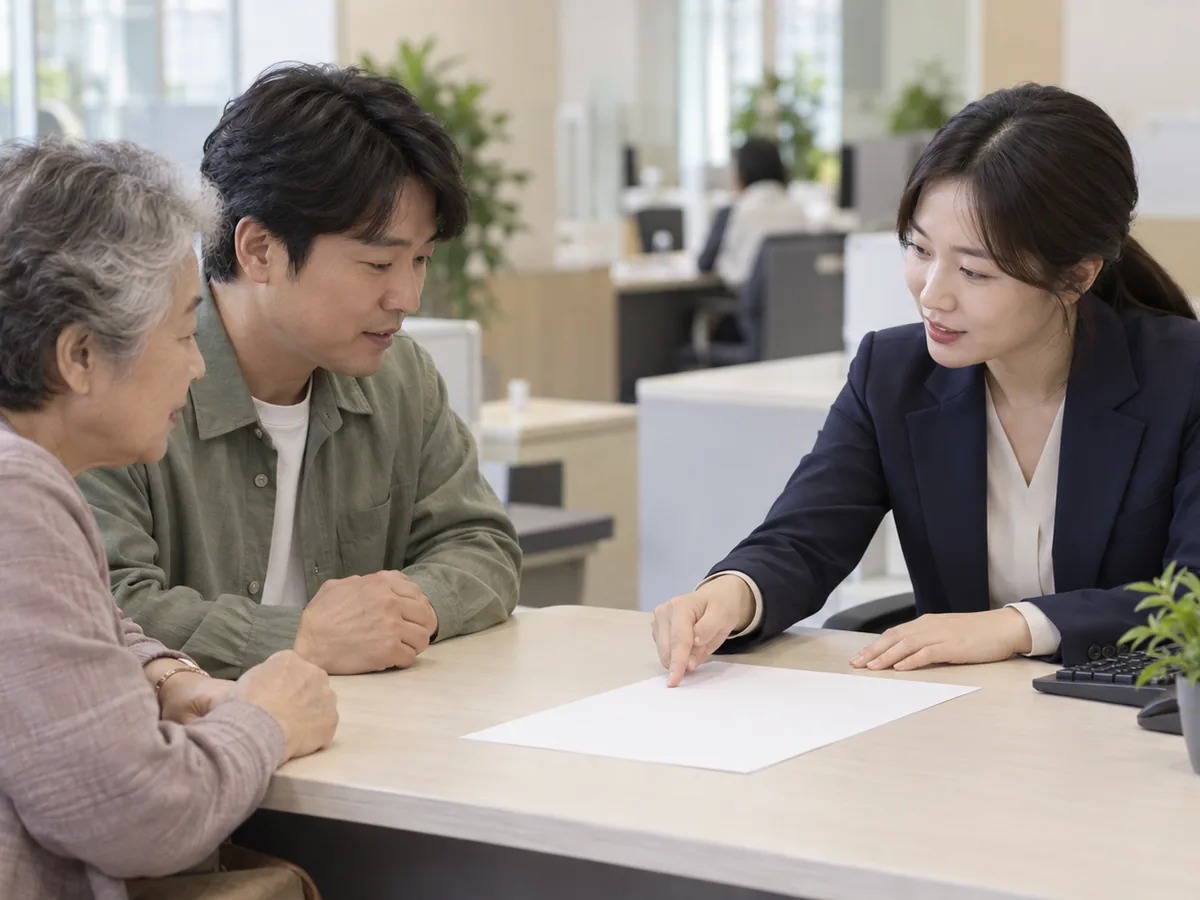 국민건강보험공단 창구에 나이 든 어르신과 성인 자녀가 앉아 있고, 맞은편 직원이 빈 종이를 가리키며 설명하고 있다