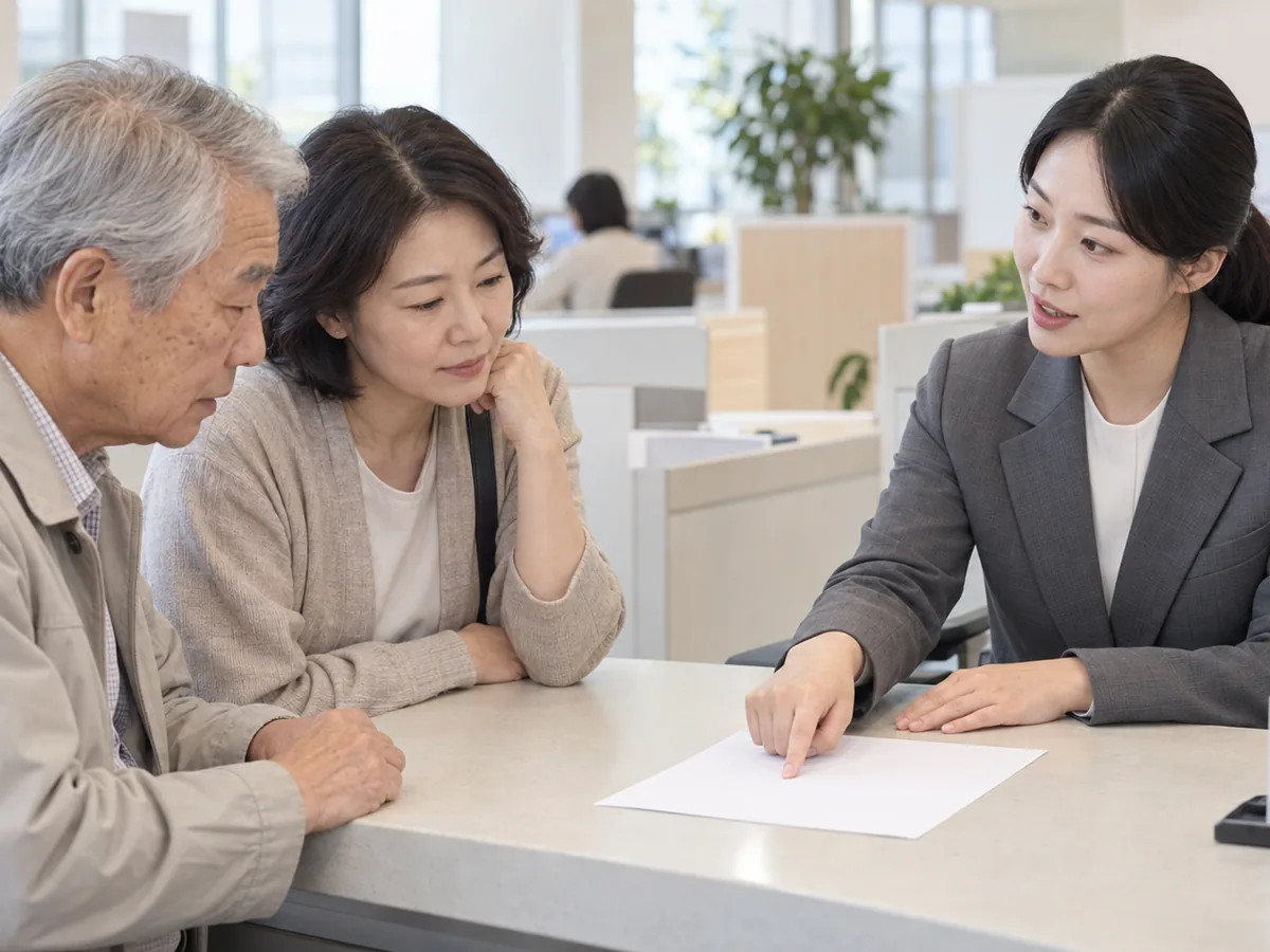 국민건강보험공단 창구에 나이 든 어르신과 성인 자녀가 앉아 있고, 맞은편 직원이 빈 종이를 가리키며 설명하고 있다