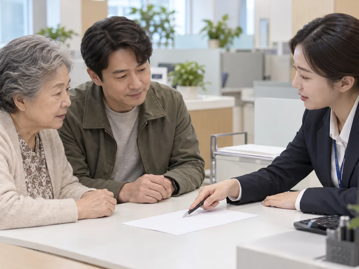 건강보험공단 창구에 나이 든 어르신과 성인 자녀가 앉아 있고, 맞은편 직원이 빈 종이를 가리키며 설명하고 있다